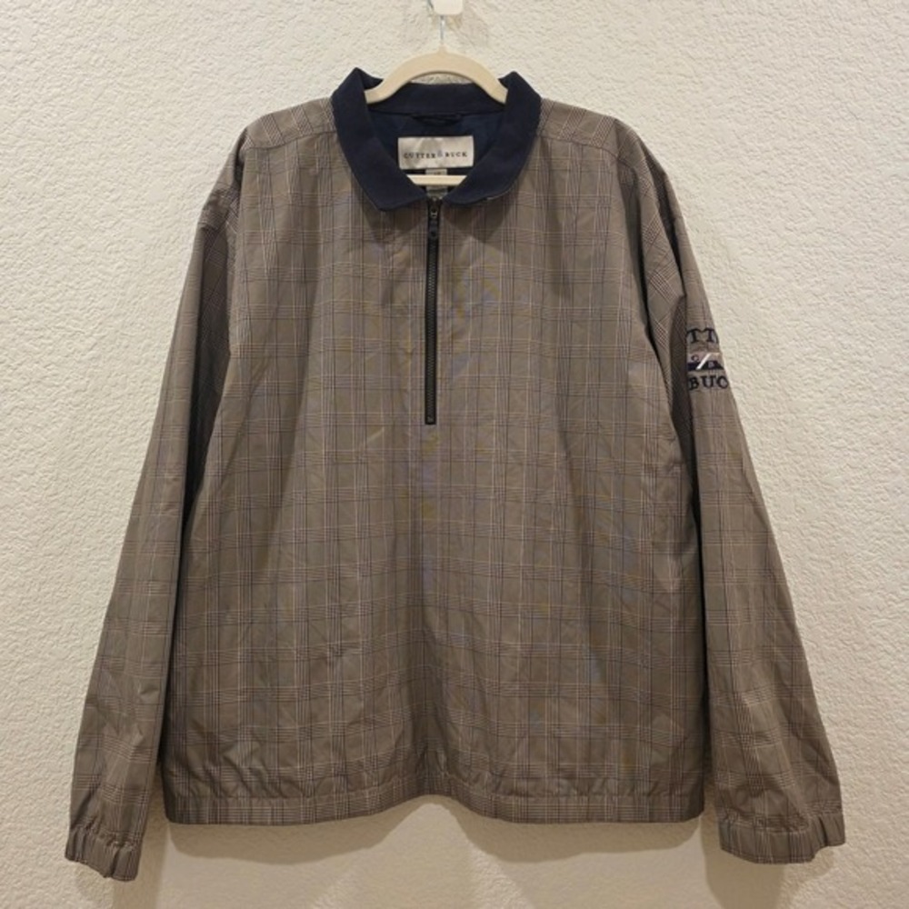 Cutter & Buck Mens Large‎ Plaid Half Zip Windbreaker Jacket Tan Navy ClimaGuard